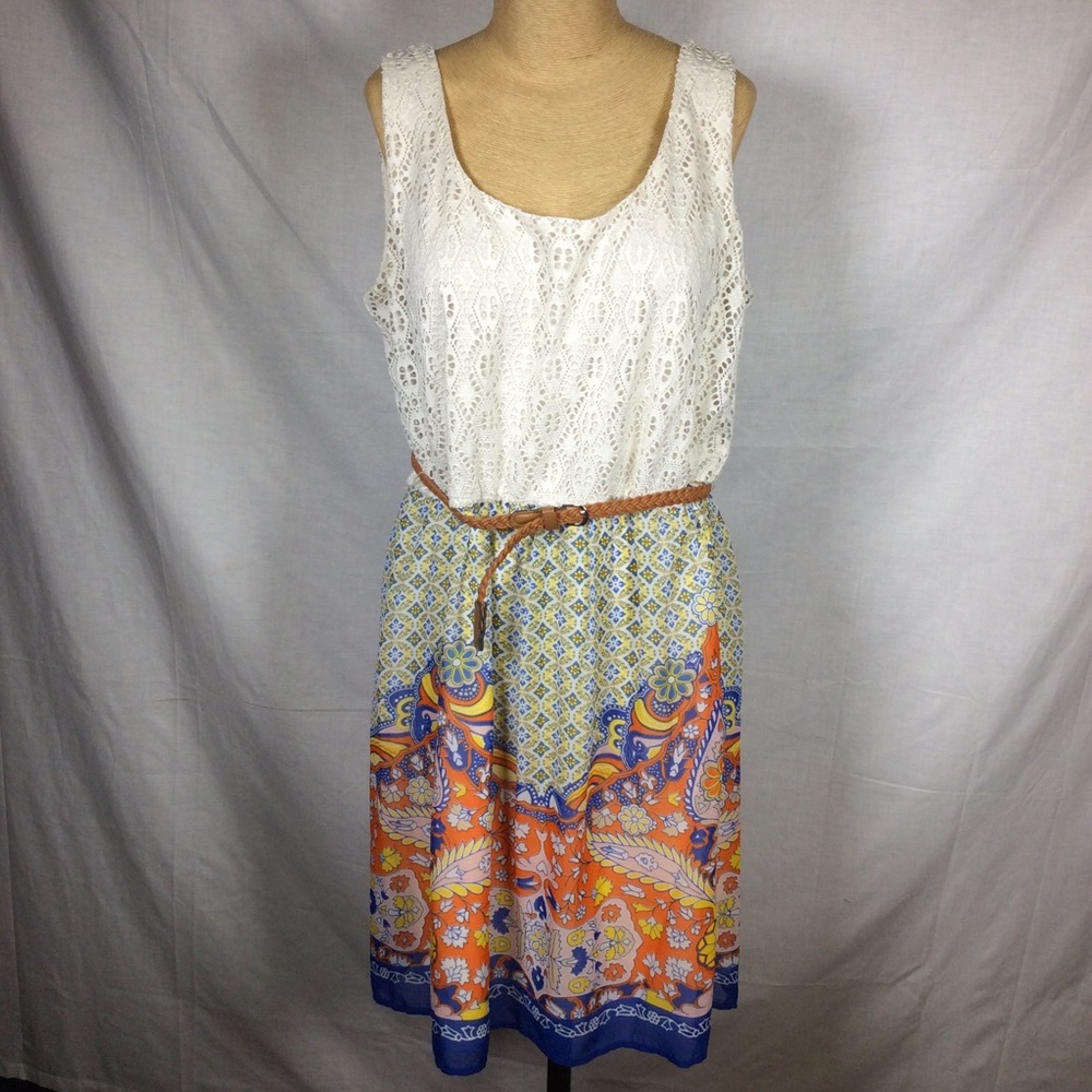 AUW Cream Lace with Orange/Blue Sleeveless Dress